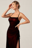 Black Red Sheath Spaghetti Straps Backless Maxi Bridesmaid Dress
