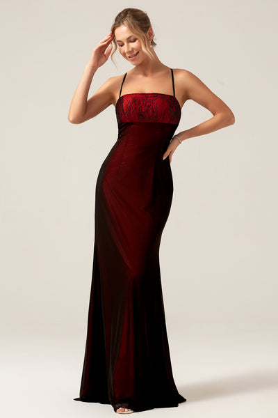 Sheath Spaghetti Straps Black Red Floor Length Bridesmaid Dress