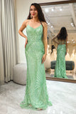 Glitter Green Mermaid Spaghetti Straps Long Sequined Prom Dress