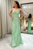 Glitter Green Mermaid Spaghetti Straps Long Sequined Prom Dress