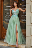 Light Green A-Line V Neck Floor-Length Split Tulle Prom Dress with Appliqued Beading