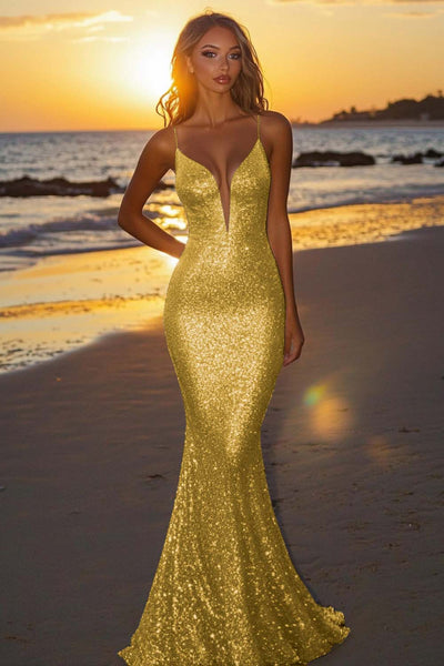 WEDTREND Women Sparkly Gold Formal Dress Backless Mermaid Spaghetti Straps Sequined Long Gala Dress, Silver / US6