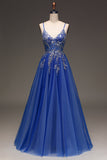 Royal Blue A Line Spaghetti Straps Sleeveless Sequin Long Prom Dress