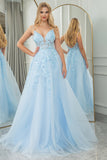 Light Blue A Line Corset Tulle Long Prom Dress With Appliques
