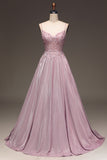 Sparkly Blush A Line Beaded Applique Long Prom Dress With Pocket