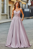 Sparkly Blush A-Line Long Applique Corset Long Prom Dress With Pocket