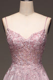 Sparkly Blush A Line Beaded Applique Long Prom Dress With Pocket
