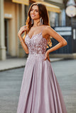 Sparkly Blush A-Line Long Applique Corset Long Prom Dress With Pocket