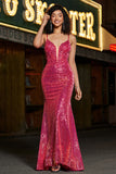 Sparkly Fuchsia Mermaid Spaghetti Straps Long Prom Dress with Sequins