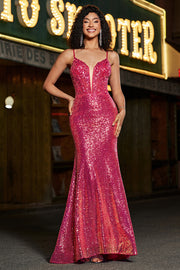 Sparkly Fuchsia Mermaid Spaghetti Straps Long Prom Dress with Sequins