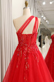 Sparkly Red A-Line One Shoulder Long Prom Dress With Sequins