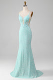 Sequins Sparkly Light Green Mermaid Long Prom Dress with Slit