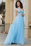 A-Line One Shoulder Sequin Light Blue Long Prom Dress with Appliques