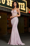 Sparkly Blush Mermaid Spaghetti Straps Long Corset Prom Dress with Beading