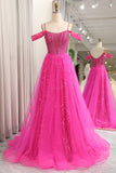 Sparkly Fuchsia A-Line Cold Shoudler Corset Long Prom Dress with Beading
