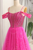 Sparkly Fuchsia A-Line Cold Shoudler Corset Long Prom Dress with Beading