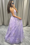 Elegant Purple A Line Tulle Long Beaded Prom Dress With Appliques