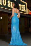 Glitter Blue Mermaid Spaghetti Straps Sequin Corset Prom Dress With Slit