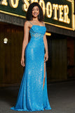 Glitter Blue Mermaid Spaghetti Straps Sequin Corset Prom Dress With Slit