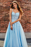 Light Blue A Line Spaghetti Straps Corset Prom Dress with Appliques