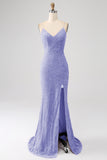 Fuchsia Mermaid Spaghetti Straps V-Neck Sequin Long Prom Dress With Split