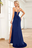 Royal Blue Mermaid Spaghetti Straps Satin Prom Dress with Split Front