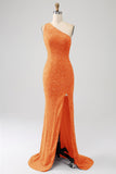Orange Mermaid One Shoulder Sparkly Sequins Prom Dress with Slit