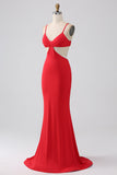Red Mermaid Spaghetti Straps Pleated Backless Long Prom Dress