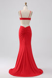 Red Mermaid Spaghetti Straps Pleated Backless Long Prom Dress