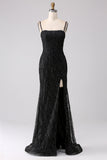 Sparkly Black Mermaid Cold Shoulder Long Prom Dress with Slit