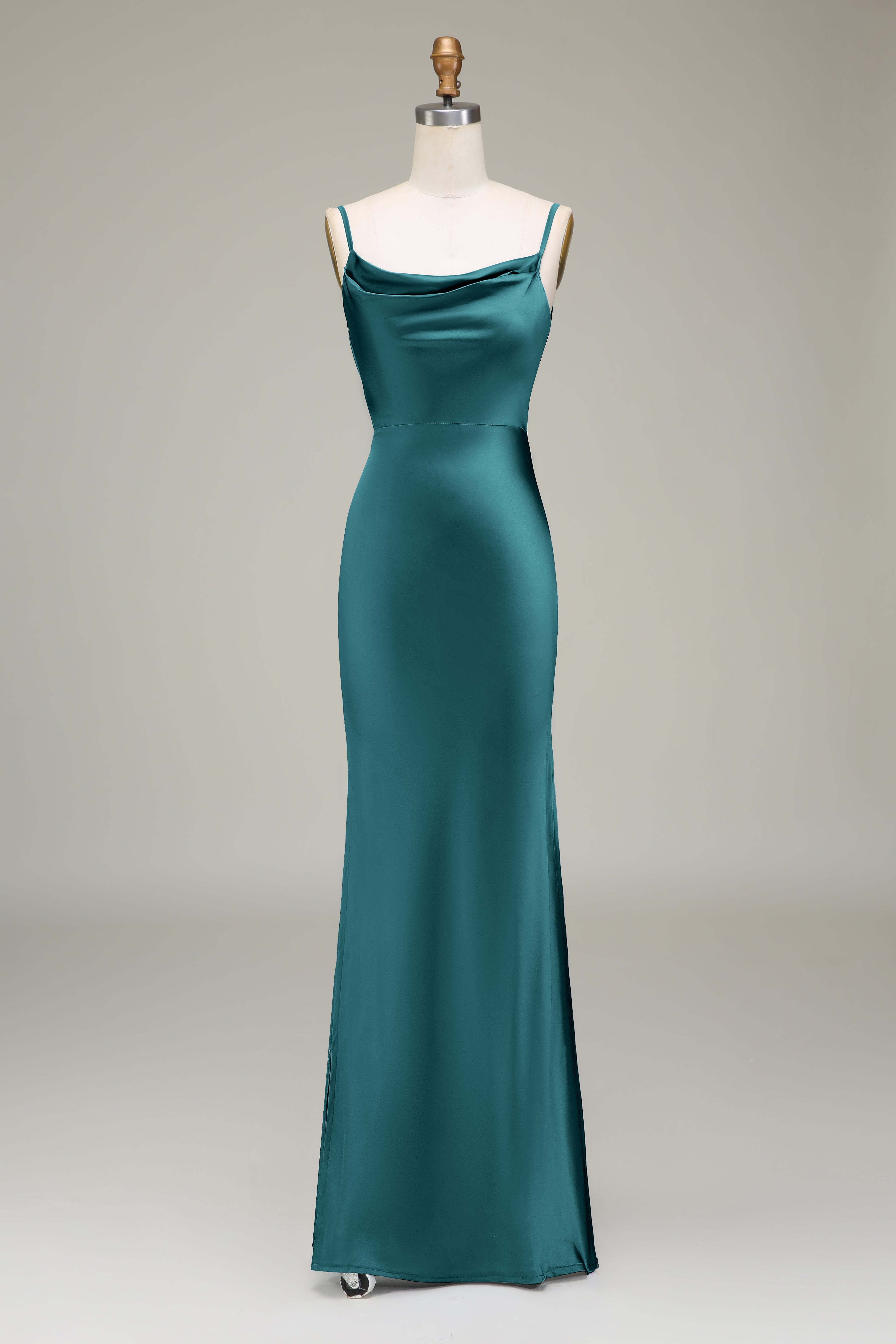 Dusty Blue Sheath Spaghetti Straps Long Satin Bridesmaid Dress