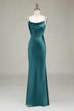 Dusty Blue Sheath Spaghetti Straps Long Satin Bridesmaid Dress