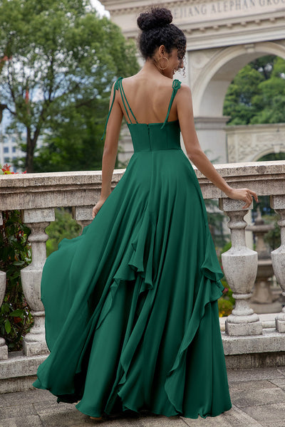 Wedtrend Women Pine Asymmetrical Bridesmaid Dress with Ruffles A Line  Spaghetti Straps Chiffon Long Wedding Party Guest Dress – WEDTREND