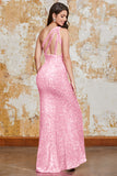 Sparkly Pink Mermaid One Shoulder Sequins Prom Dress with Slit