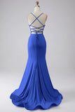 Sparkly Light Blue Mermaid Spaghetti Straps Long Prom Dress with Slit