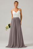 A-Line Spaghetti Straps Pleated Long Bridesmaid Dress With Lace
