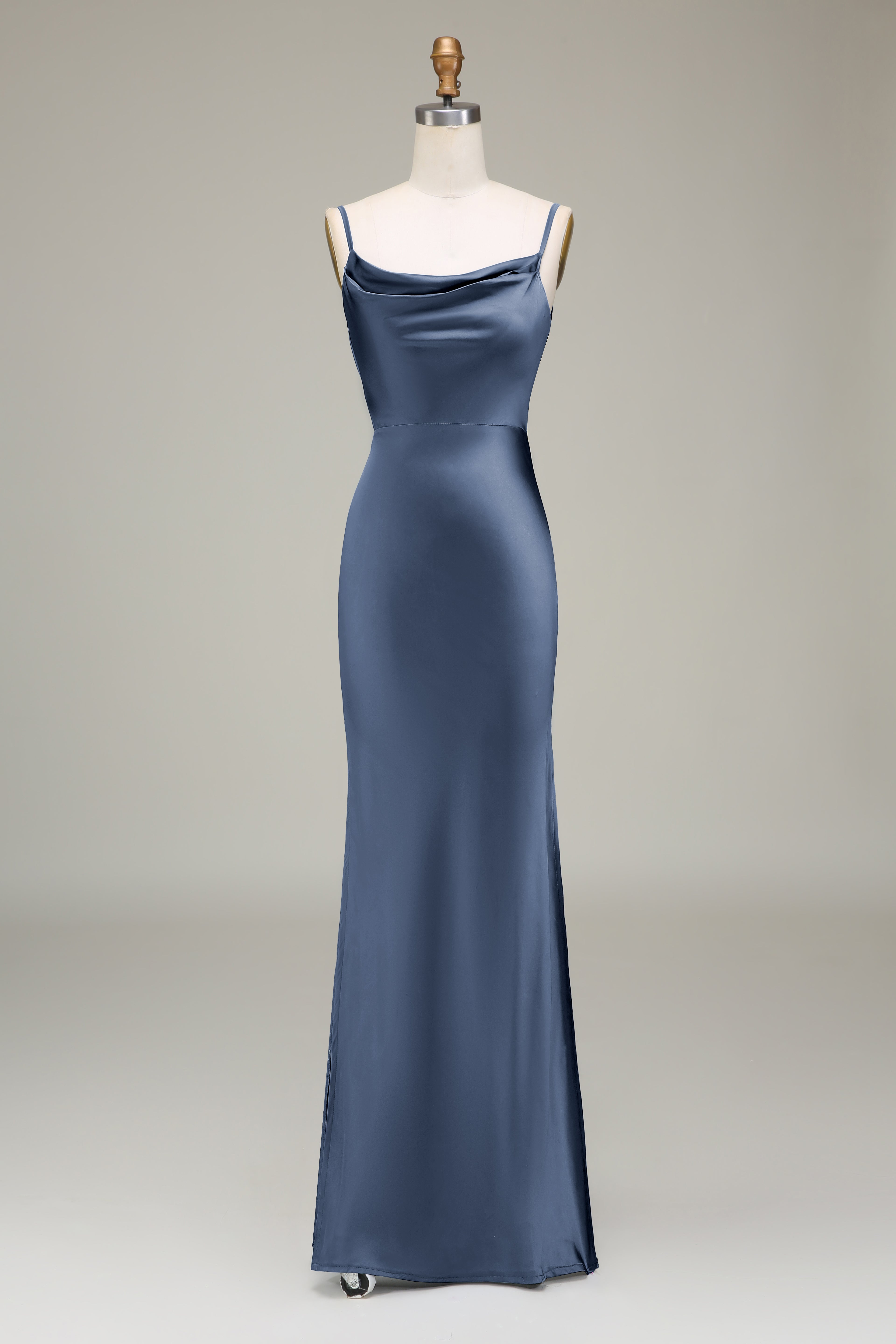 Dusty Blue Sheath Spaghetti Straps Long Satin Bridesmaid Dress