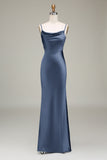 Dusty Blue Sheath Spaghetti Straps Long Satin Bridesmaid Dress