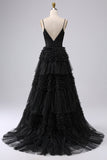 Black A Line Spaghetti Straps Long Tulle Prom Dress with Ruffles
