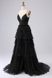 Black A Line Spaghetti Straps Long Tulle Prom Dress with Ruffles