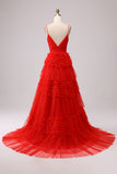 Red A Line Spaghetti Straps Long Tulle Prom Dress with Ruffles