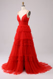 Red A Line Spaghetti Straps Long Tulle Prom Dress with Ruffles