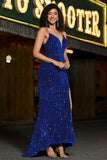 Royal Blue Lace-Up Back Sequin Long Mermaid Prom Dress with High Slit