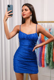 Royal Blue Glitter Spaghetti Straps Tight Short Homecoming Party Dress