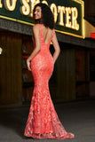 Coral Mermaid V Neck Sequins Long Prom Dress with Appliques