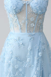 Sparkly Blue A Line Spaghetti Straps Sequin Corset Long Prom Dress With Slit