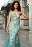 Light Green Mermaid Lace-Up Back Tulle Long Prom Dress with Appliques