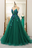 Dark Green A Line Tulle Long Prom Dress With Sparkly Sequined Appliques