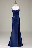 Mermaid Spaghetti Straps Royal Blue Corset Prom Dress with Split Front