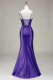 Mermaid Spaghetti Straps Royal Blue Corset Prom Dress with Split Front